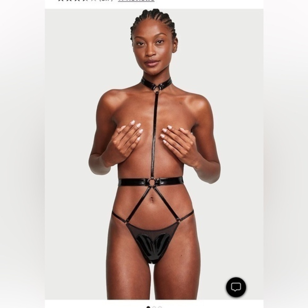 Victoria’s Secret Faux Patent Black Leather Playsuit Bondage Open Front Size XL